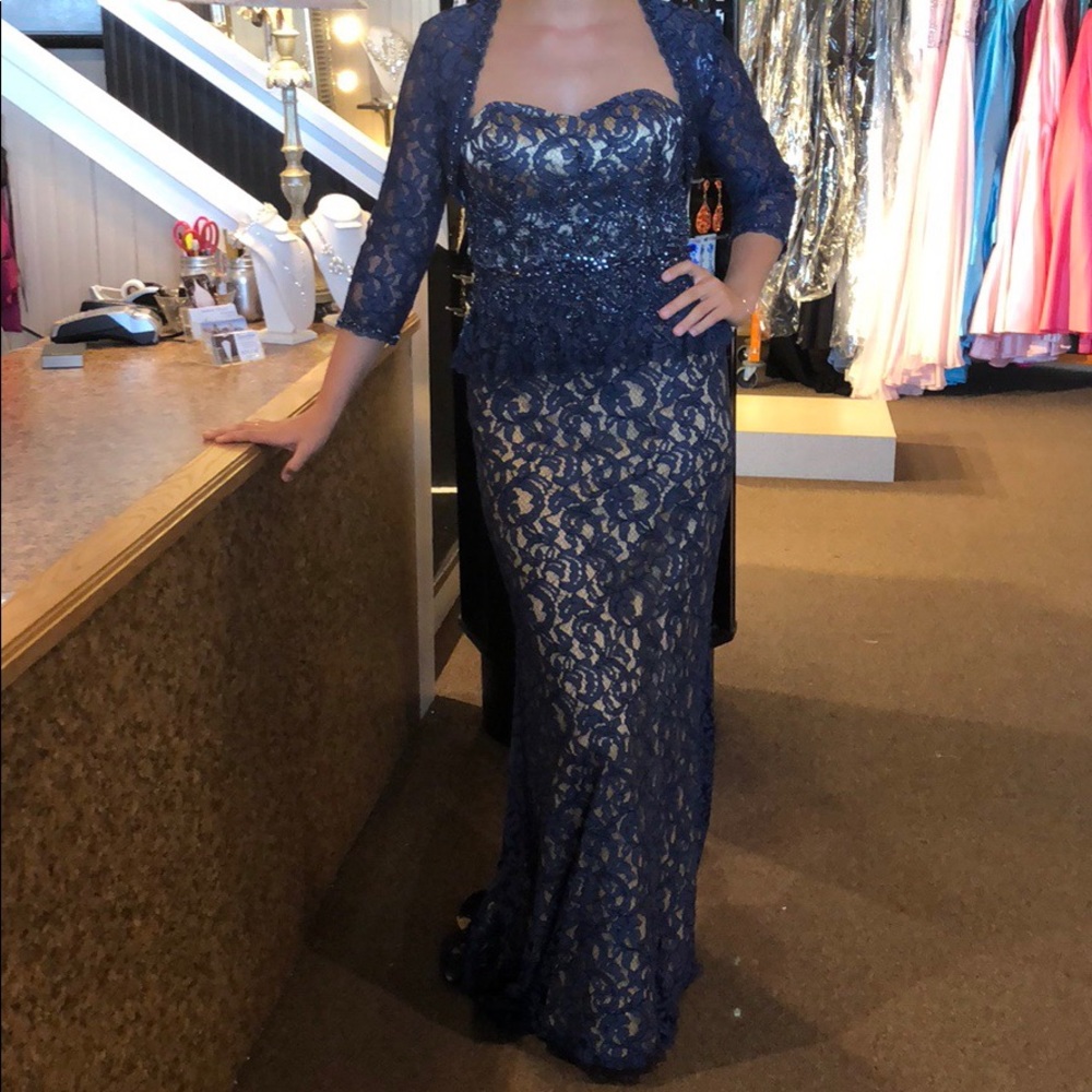 Mac Duggal Navy Lace Prom Dress